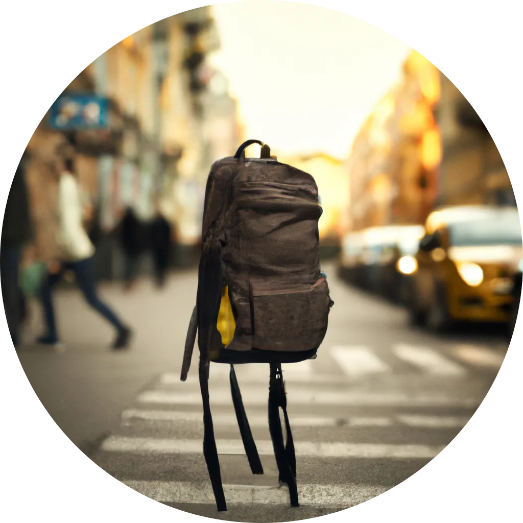 A photo of a backpack on a busy city street, courtesy of OpenAI's DALL-E