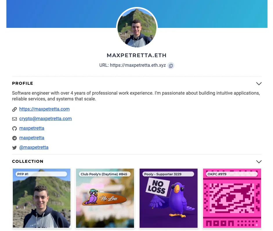 A screenshot of the author's ENS profile page